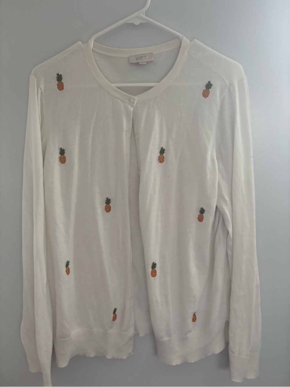 LOFT White Cardigan with Tiny Pineapple Embroidery
